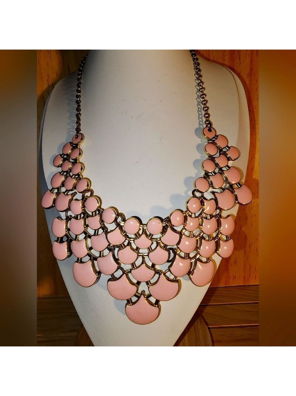 Jane Stone Pink Necklace Fashion Statement Collar Openwork Bib Costume Jewelry